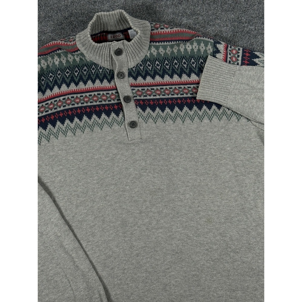 Henley Sweater Men XL Gray Fair Isle Pullover Knit Winter Cotton Nordic Normcore